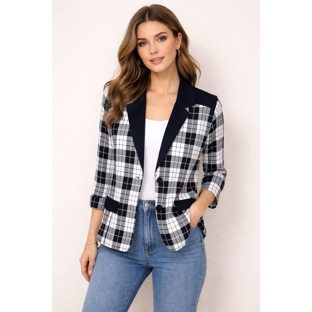 Vintage Bobbie Brooks Plaid Blazer Womens 12/14 Black White 3/4 Sleeve 90s
